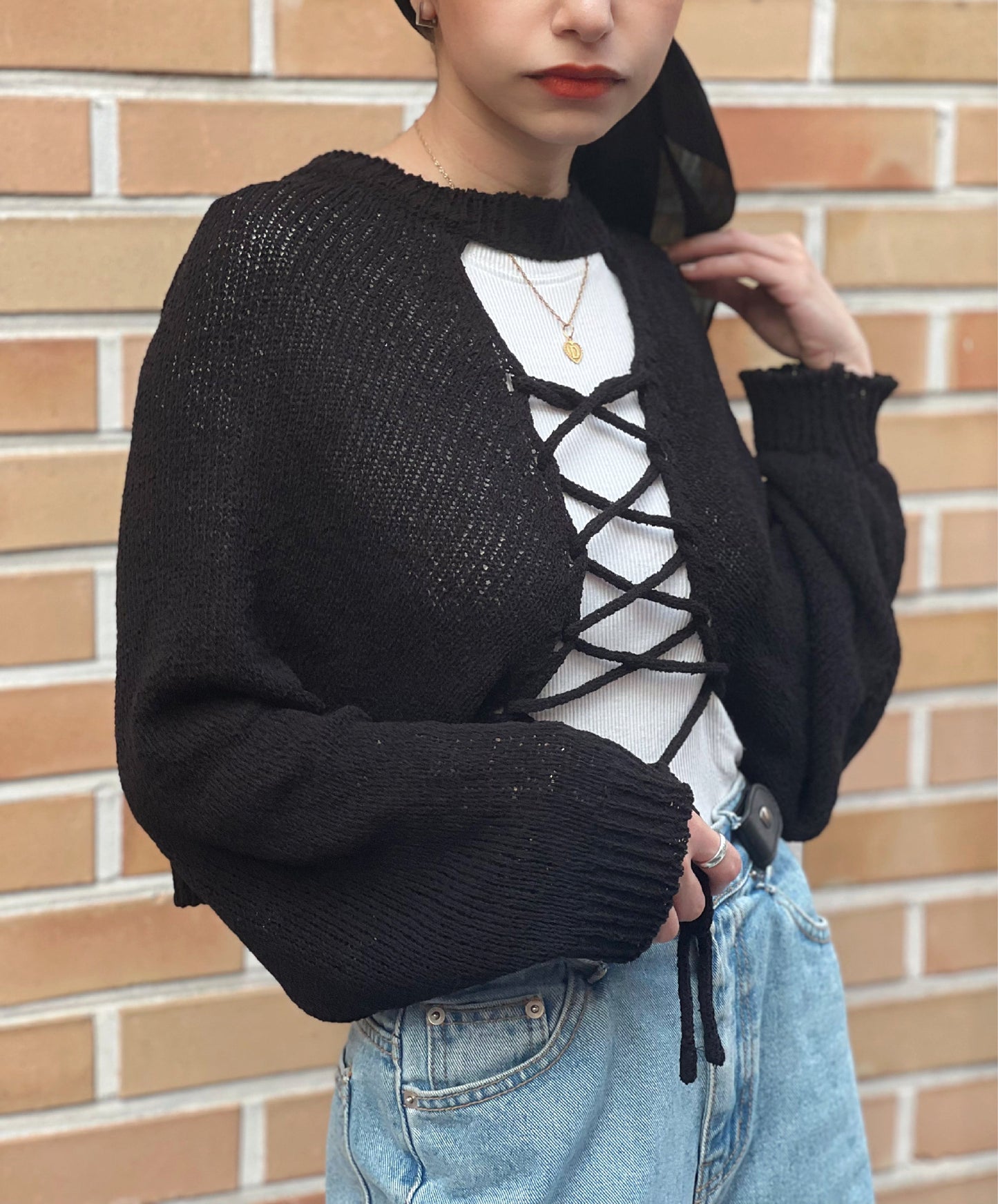 [Deena’s Collection] Black Crisscross Lace-Up Hole-Knit Cropped Cardigan - Maison Seoul