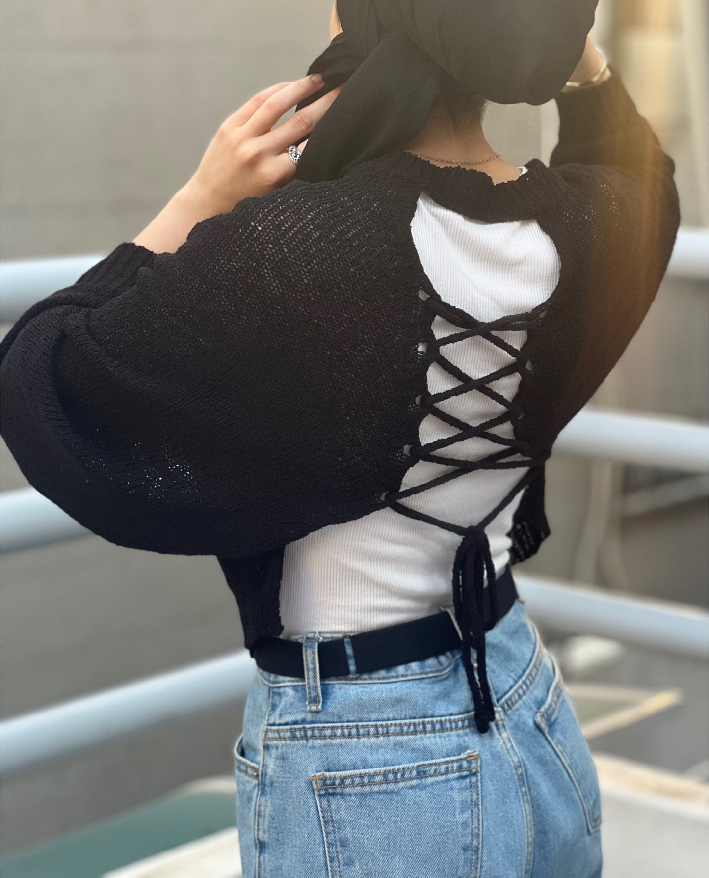 [Deena’s Collection] Black Crisscross Lace-Up Hole-Knit Cropped Cardigan - Maison Seoul